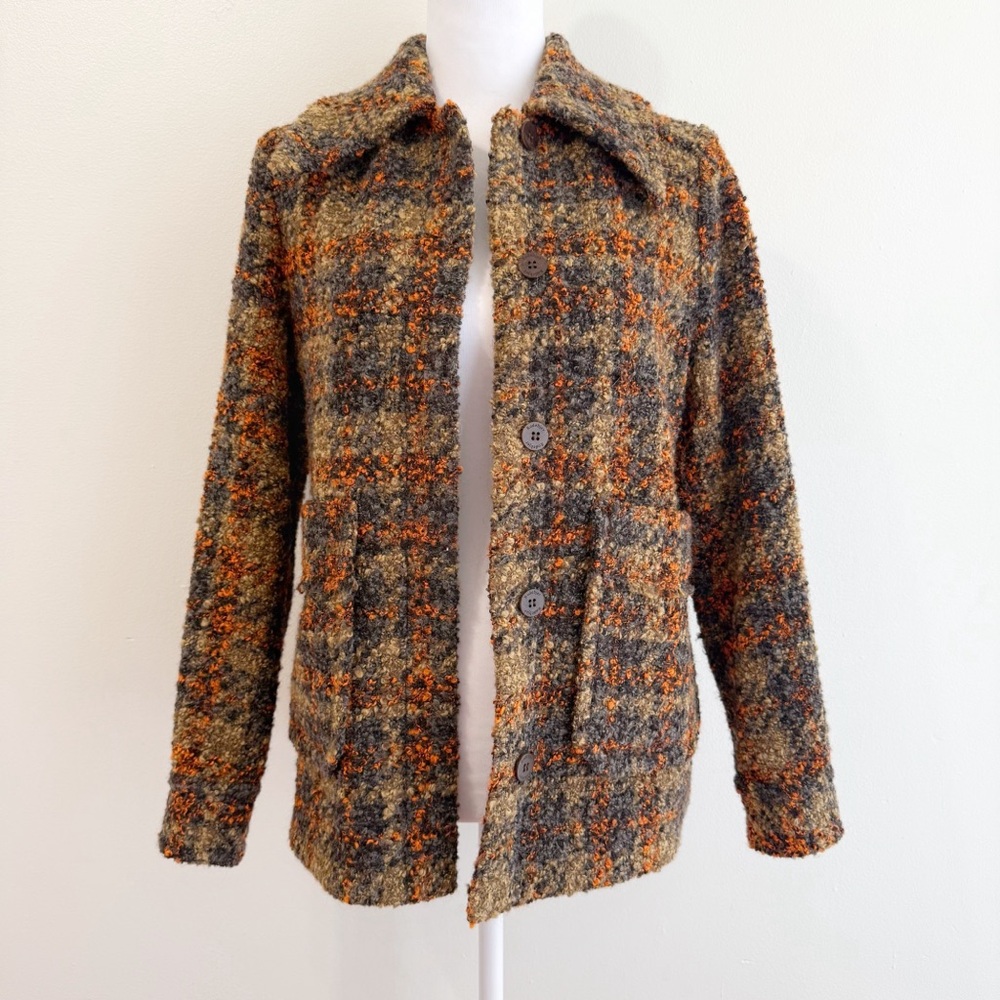 RODEBJER BROWN ORANGE GRAY PLAID COLLARED BUTTON UP BOEL BOUCLE TWEED JACKET - Picture 14 of 17
